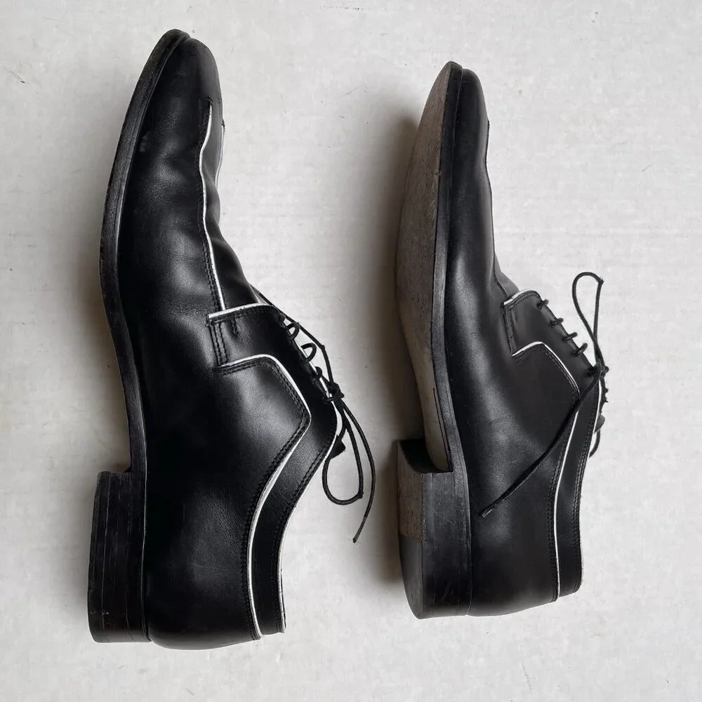 Valentino Mens Sz 12 Oxford Dress Shoes Black Leather White Trim Lace Up Wedding